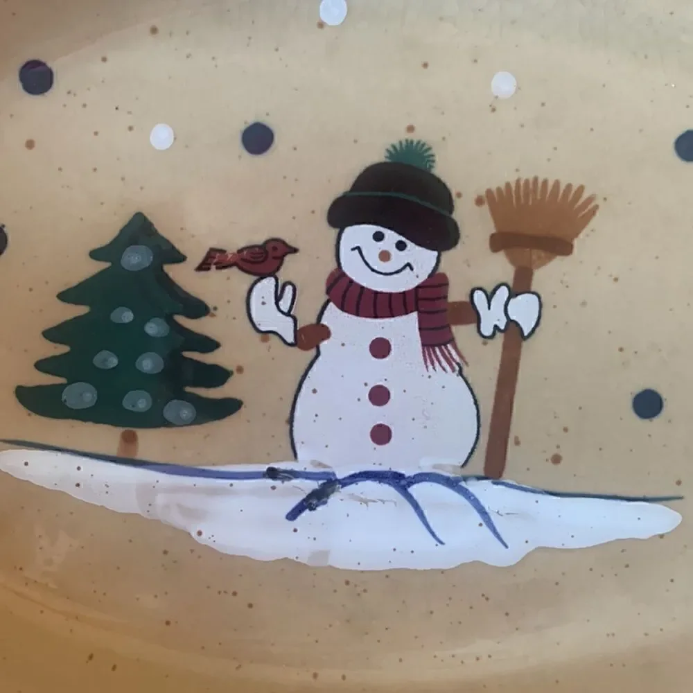 Stoneware Casserole Dish Green Spongeware Snowman